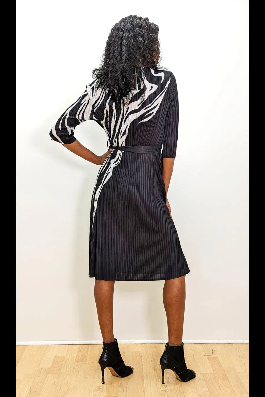 Long Sleeve Pleated Wrap Belt Midi Dress