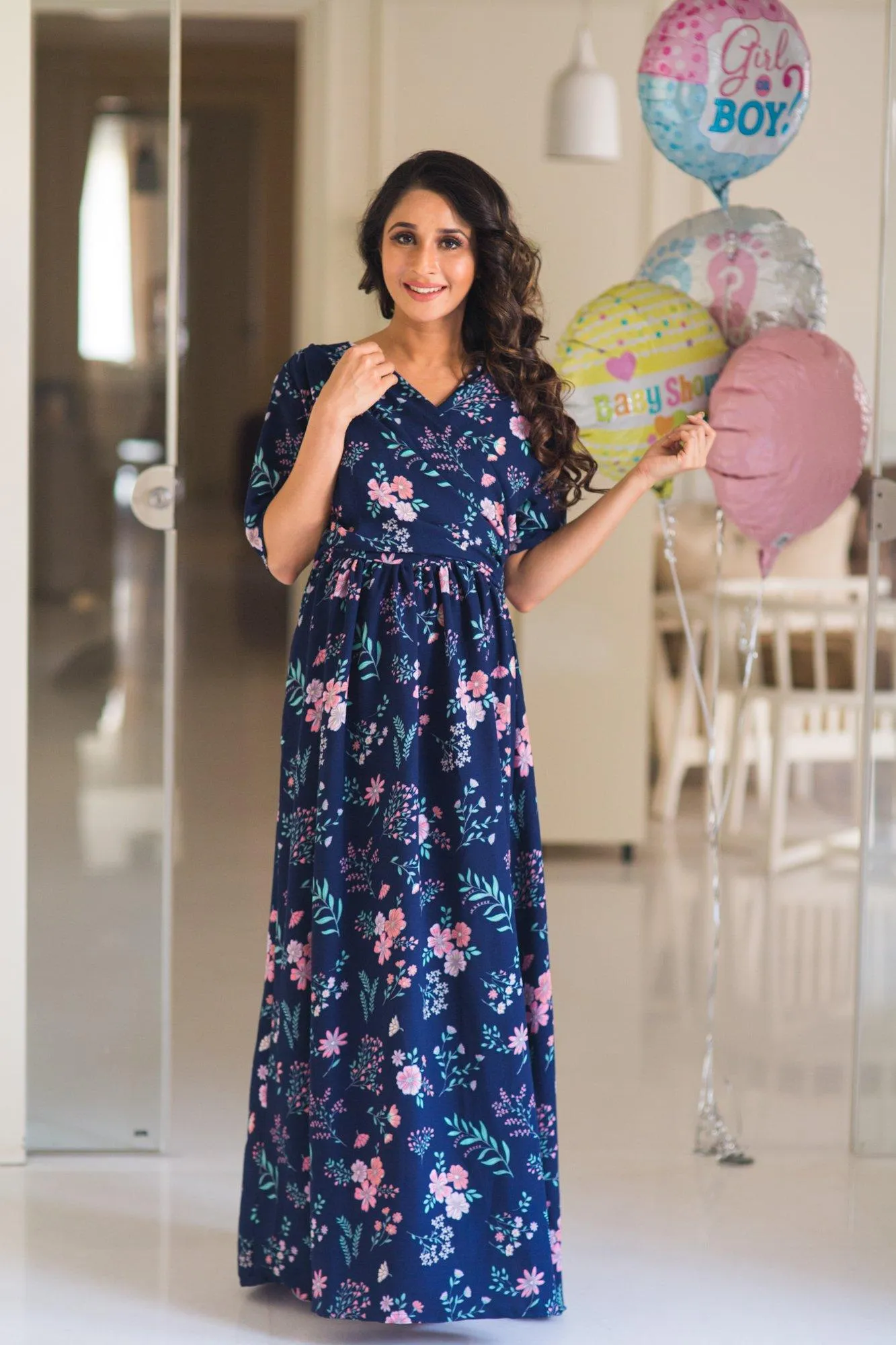 Luxe Navy Bloom Maternity & Nursing Wrap Dress