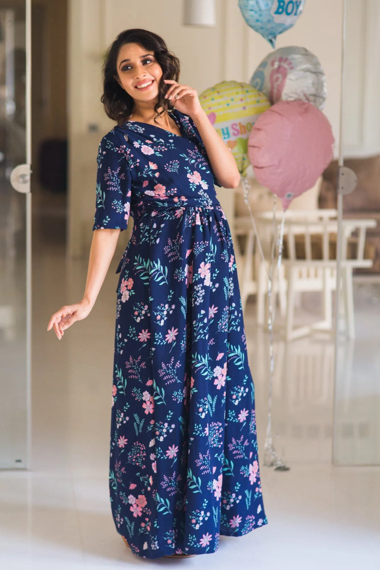 Luxe Navy Bloom Maternity & Nursing Wrap Dress