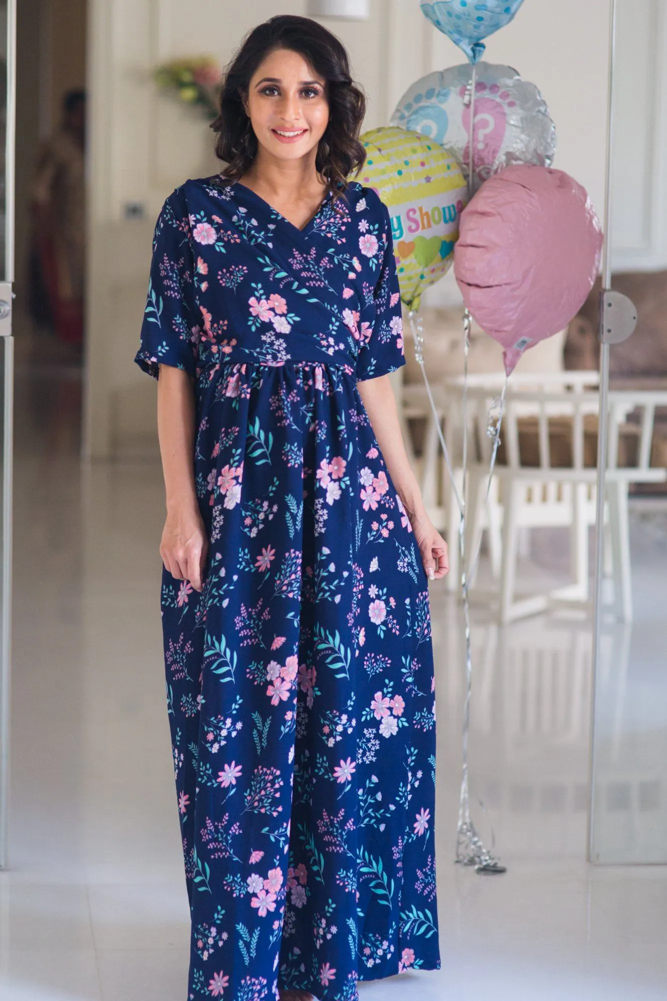 Luxe Navy Bloom Maternity & Nursing Wrap Dress