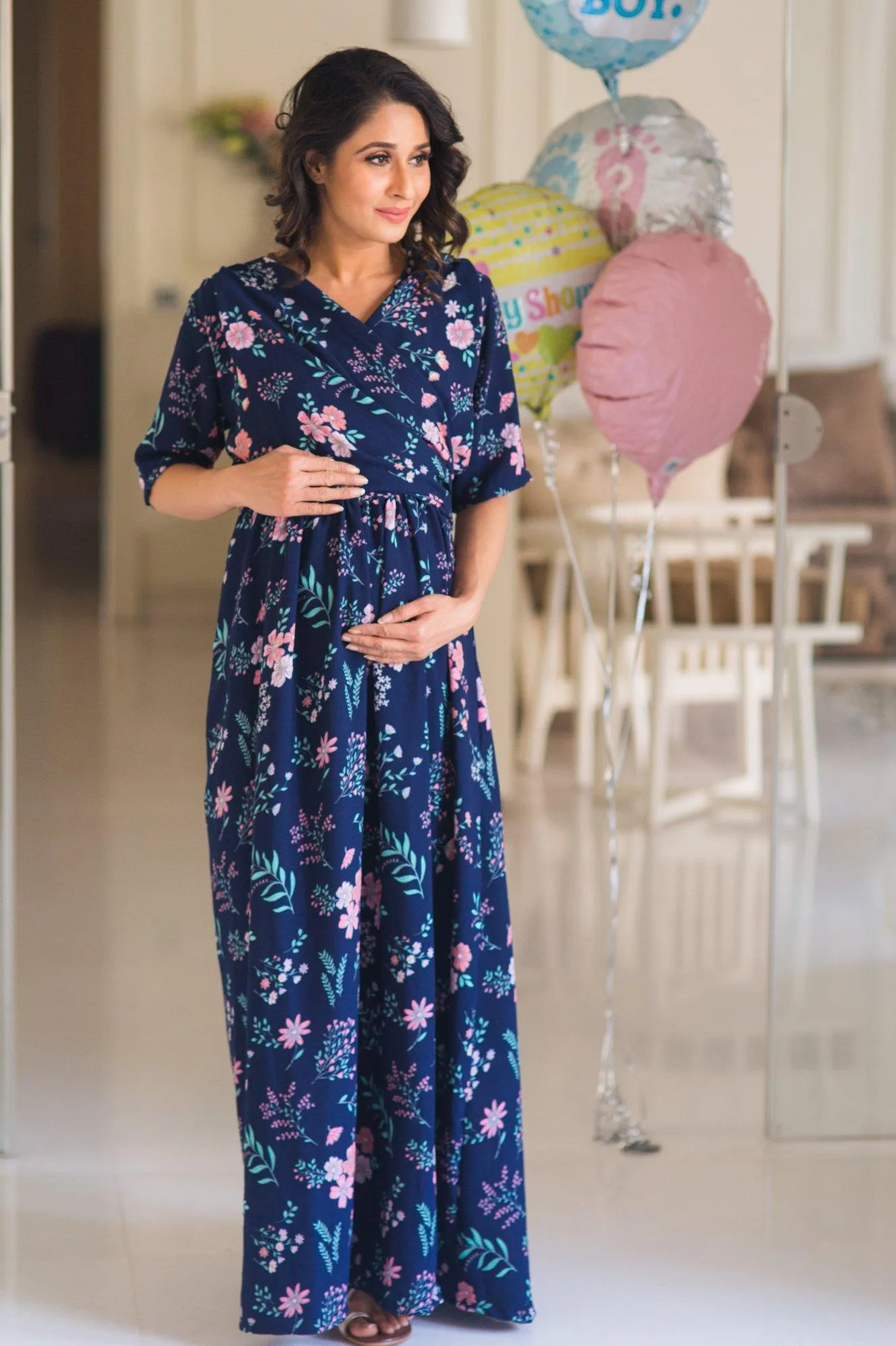 Luxe Navy Bloom Maternity & Nursing Wrap Dress