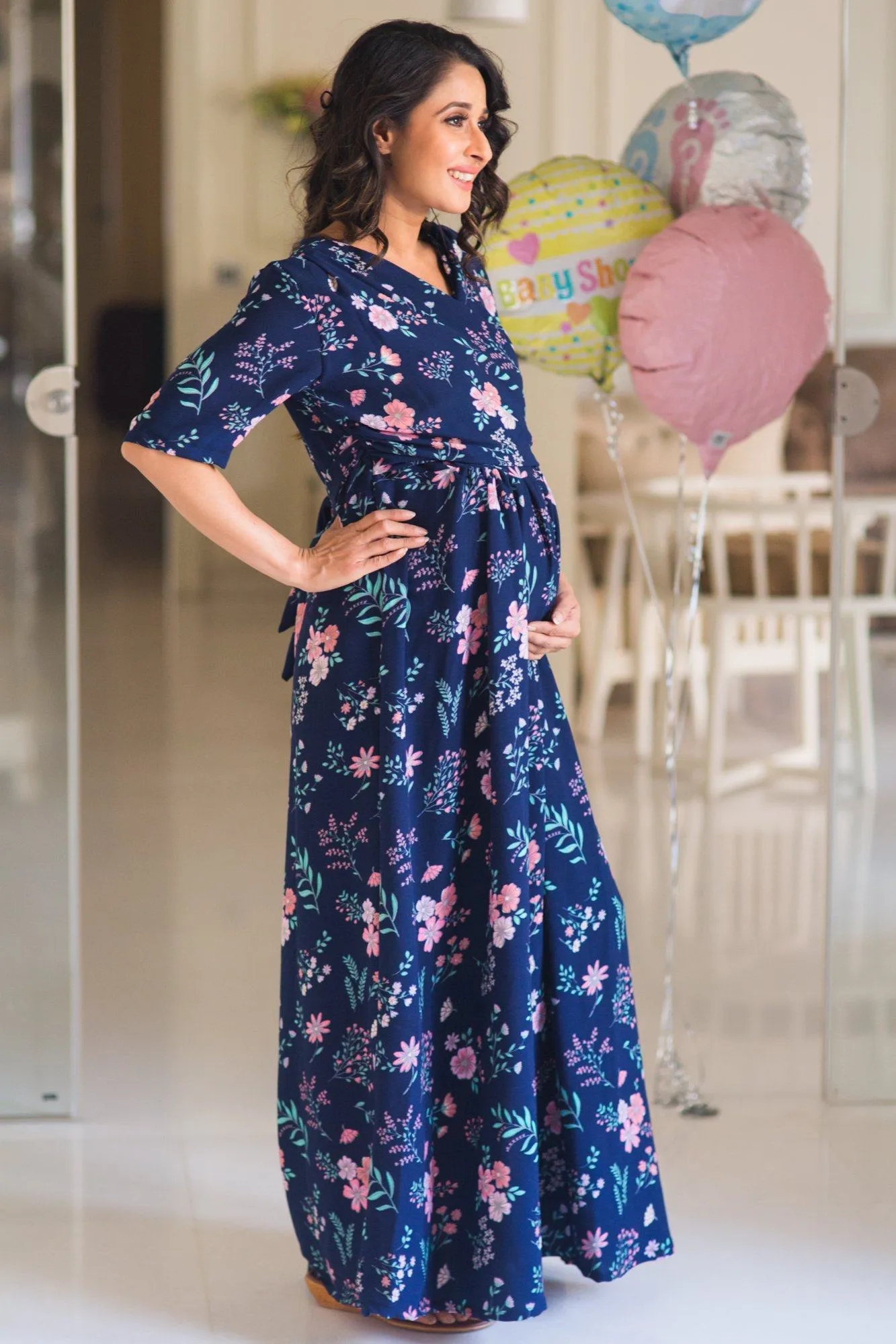 Luxe Navy Bloom Maternity & Nursing Wrap Dress