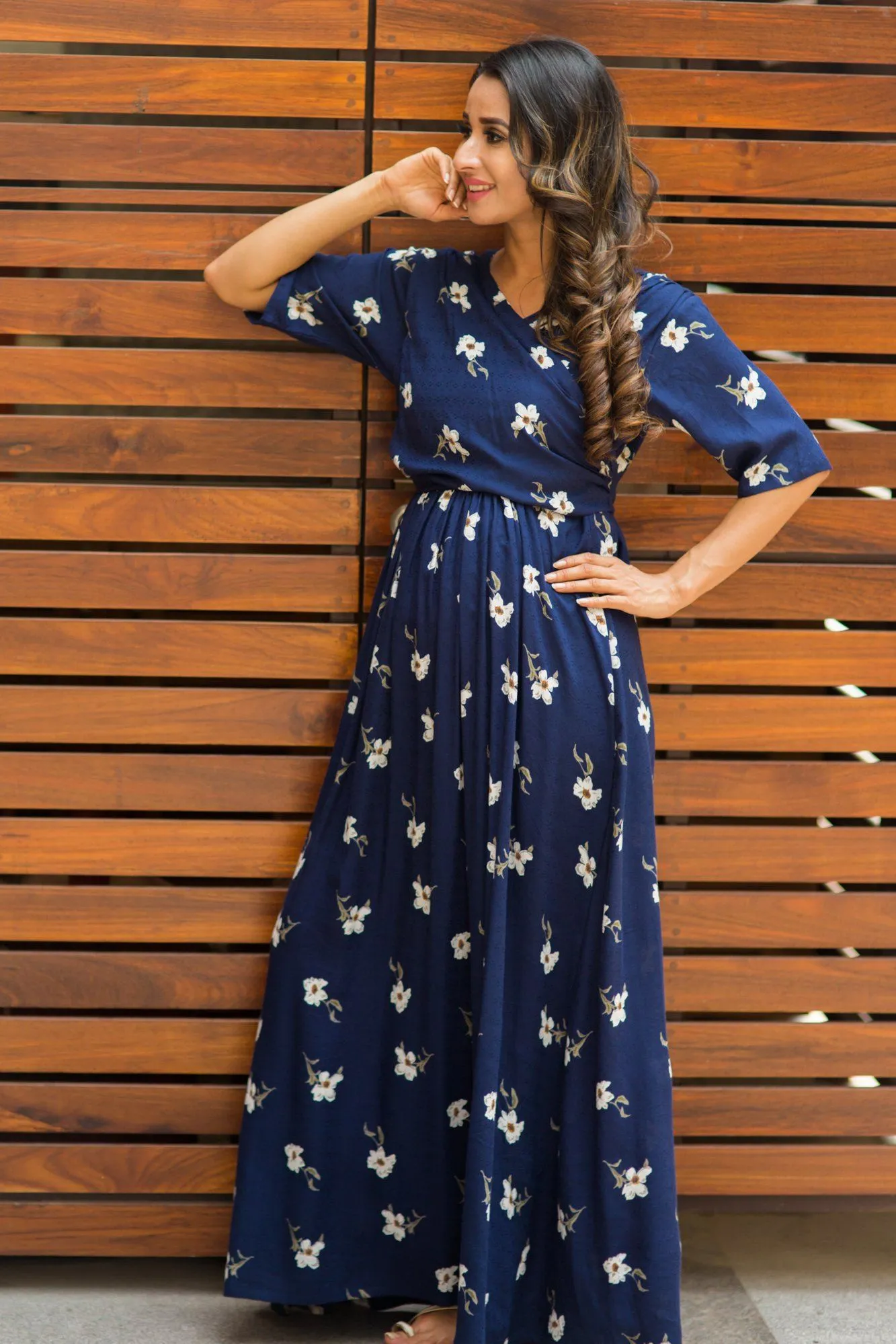 Luxe Navy Pearl Blossom Maternity& Nursing Wrap Dress