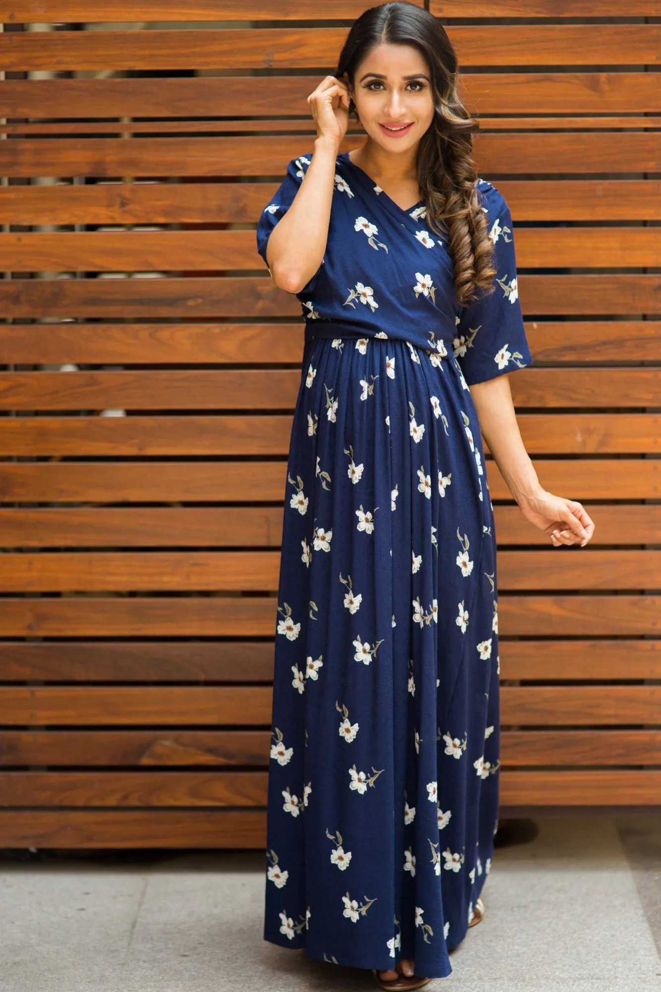 Luxe Navy Pearl Blossom Maternity& Nursing Wrap Dress