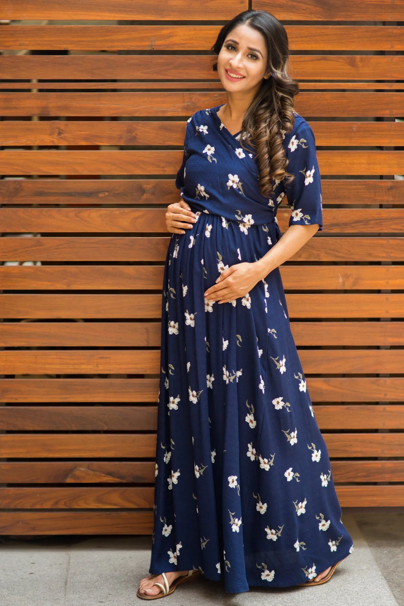 Luxe Navy Pearl Blossom Maternity& Nursing Wrap Dress