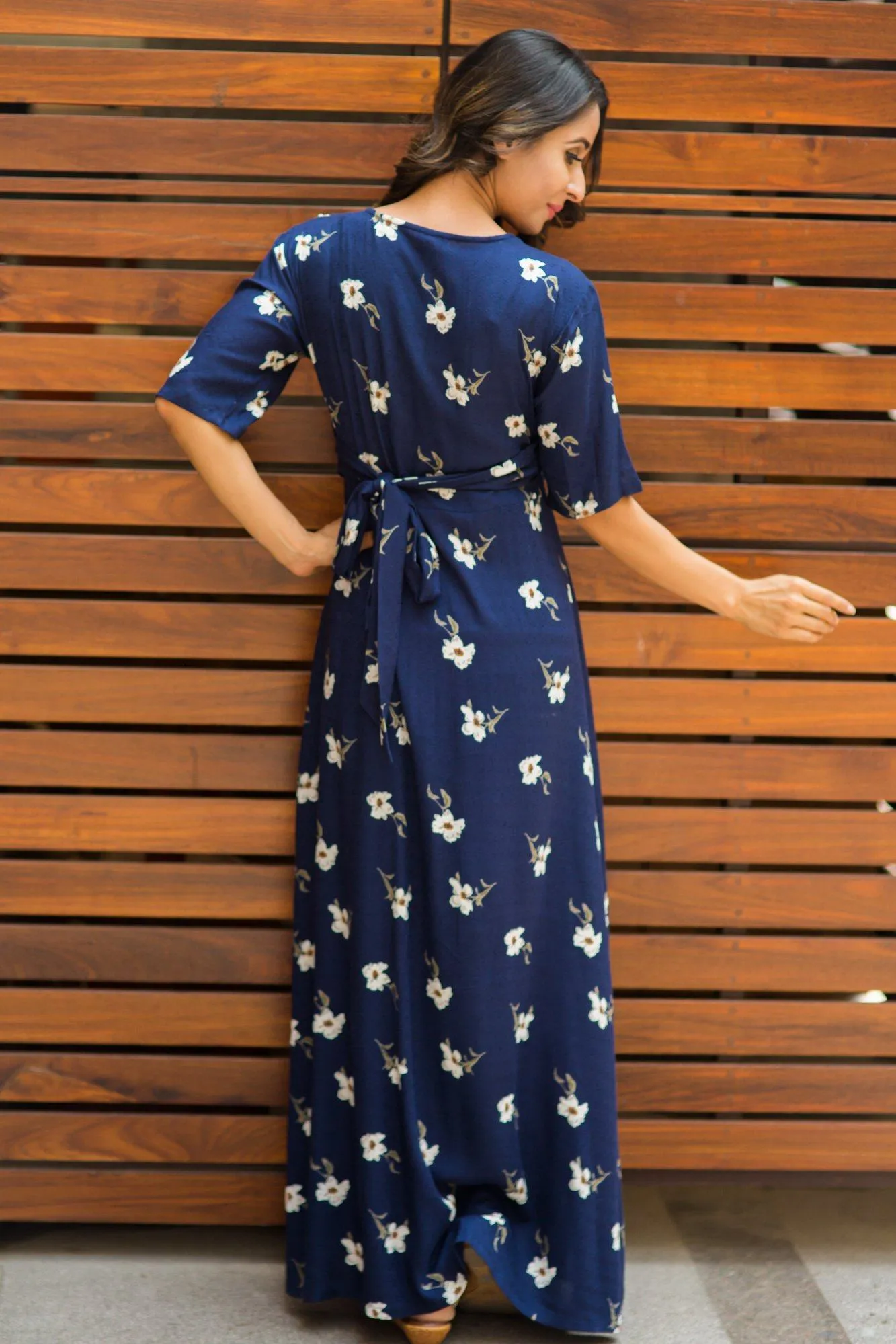 Luxe Navy Pearl Blossom Maternity& Nursing Wrap Dress