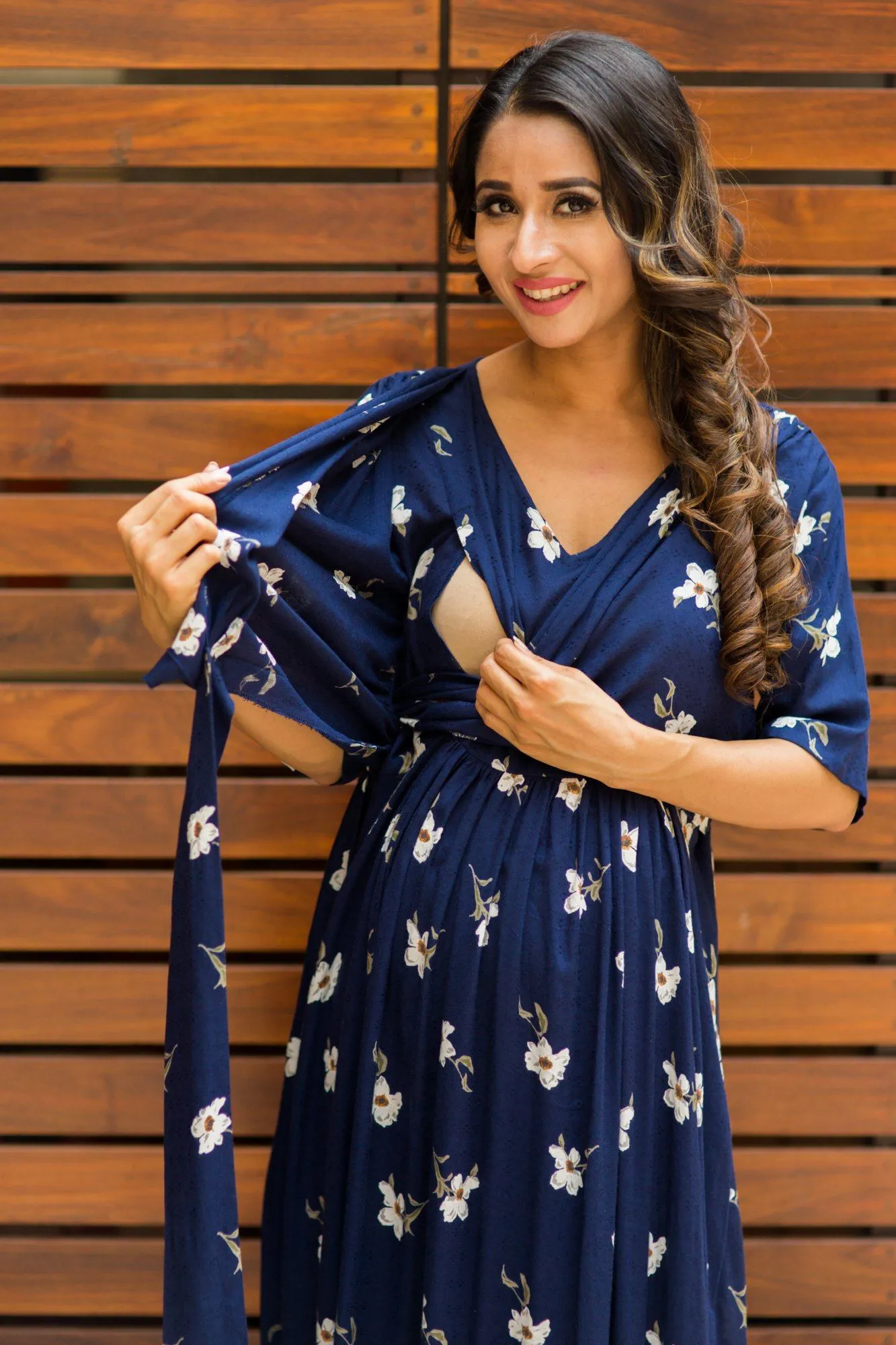 Luxe Navy Pearl Blossom Maternity& Nursing Wrap Dress