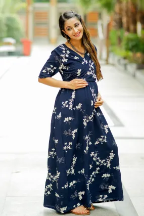 Luxe Navy Pearl Bubble Georgette Maternity & Nursing Wrap Dress