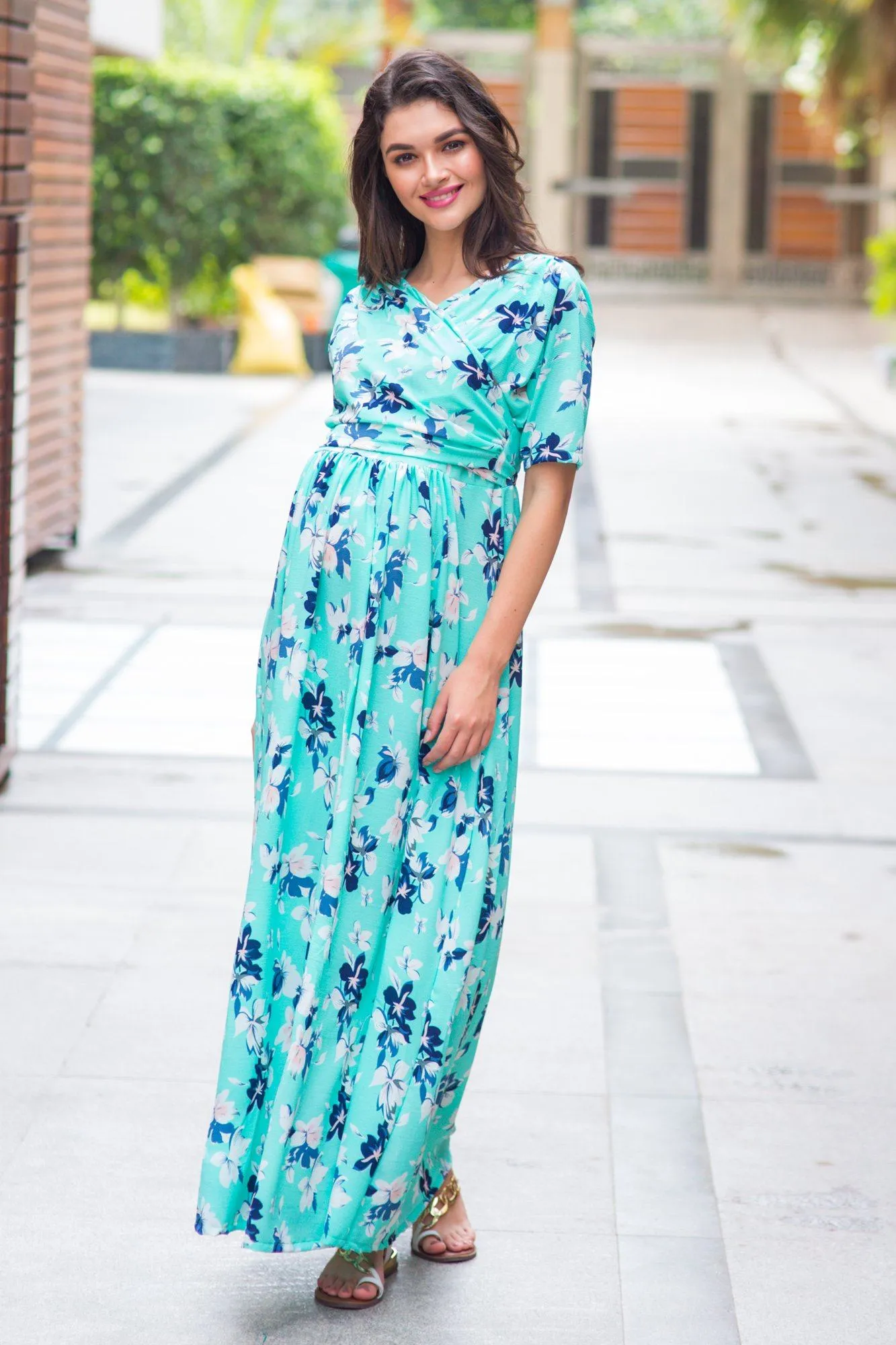 Mint Aquamarine Blossom Maternity & Nursing Wrap Dress