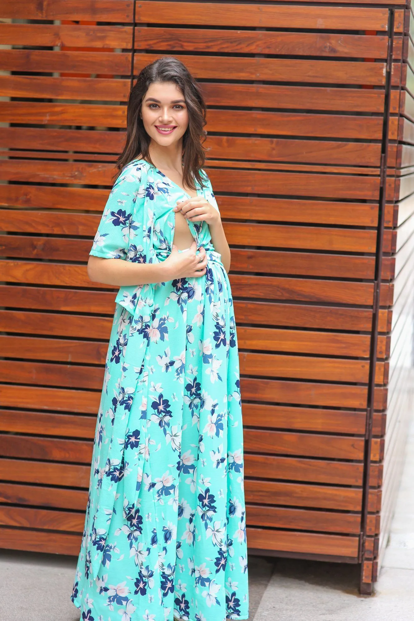 Mint Aquamarine Blossom Maternity & Nursing Wrap Dress