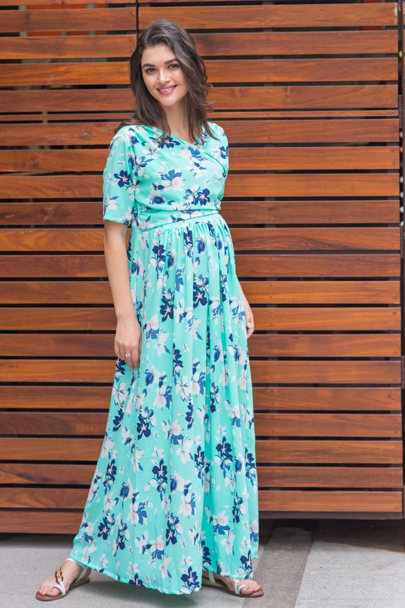 Mint Aquamarine Blossom Maternity & Nursing Wrap Dress