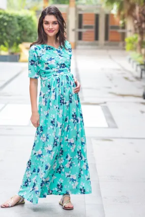 Mint Aquamarine Blossom Maternity & Nursing Wrap Dress