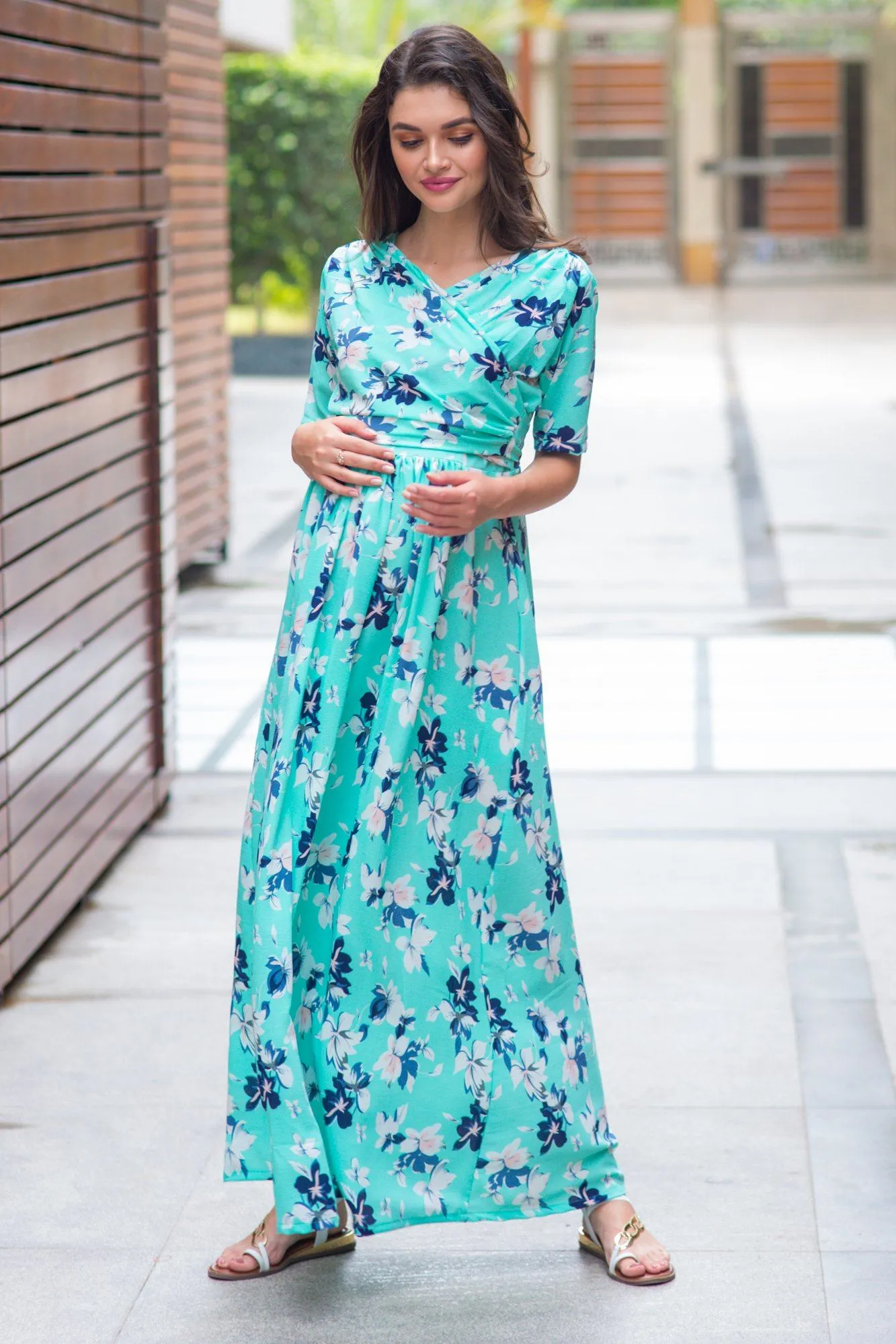 Mint Aquamarine Blossom Maternity & Nursing Wrap Dress