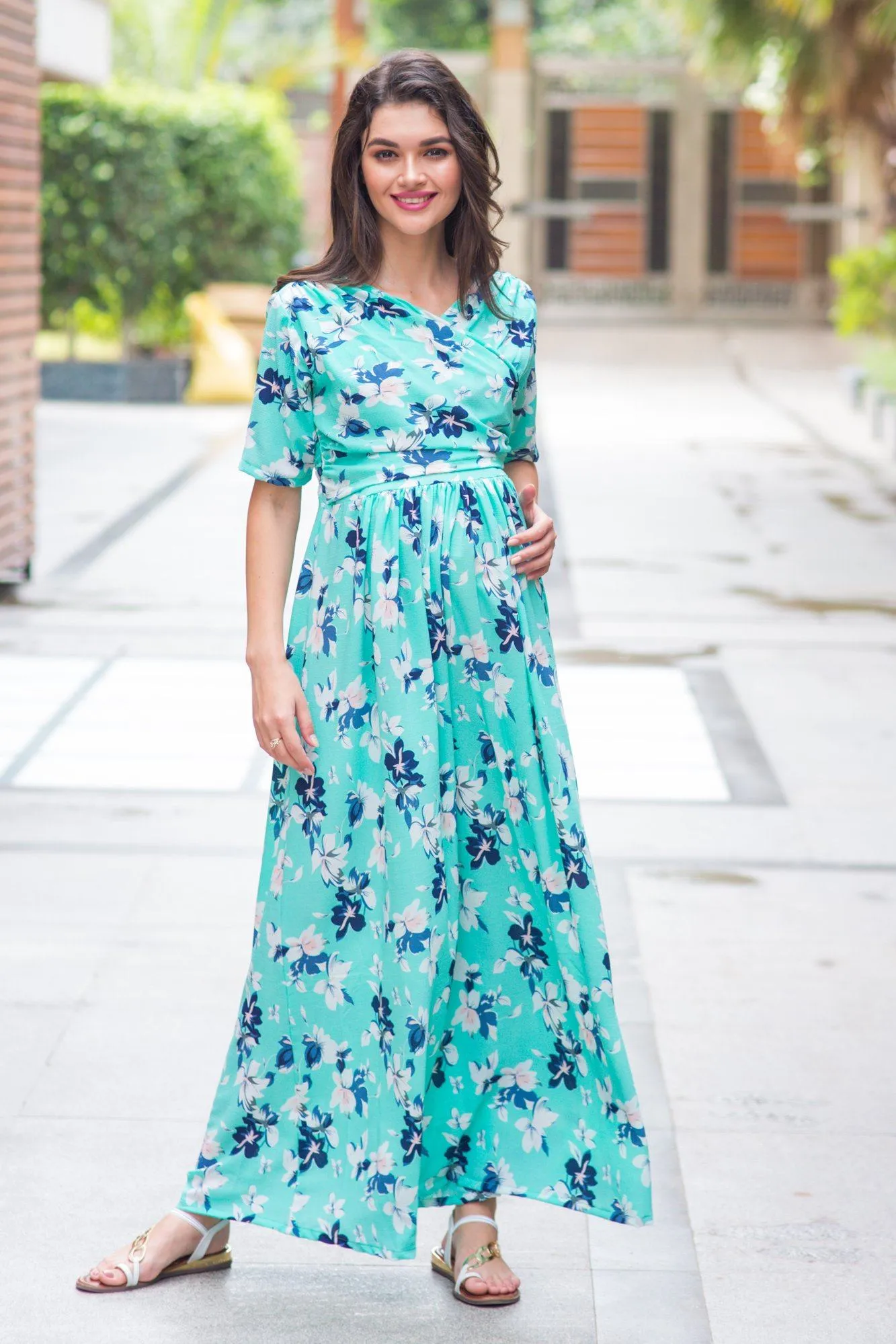 Mint Aquamarine Blossom Maternity & Nursing Wrap Dress