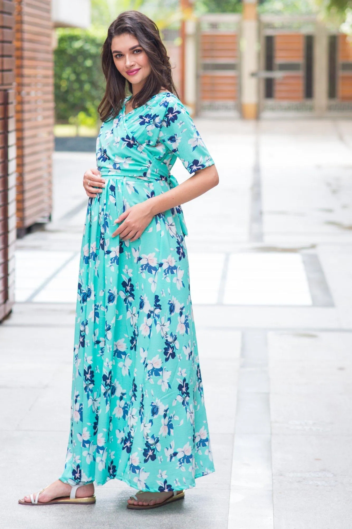 Mint Aquamarine Blossom Maternity & Nursing Wrap Dress