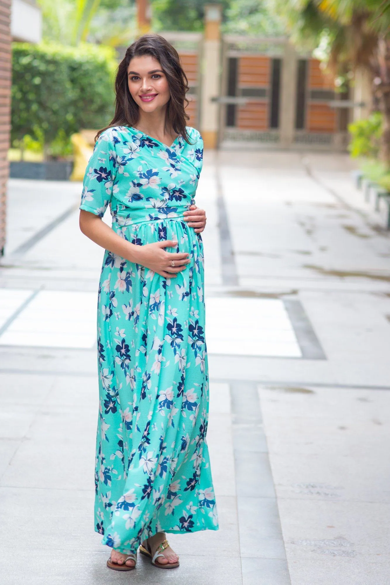 Mint Aquamarine Blossom Maternity & Nursing Wrap Dress