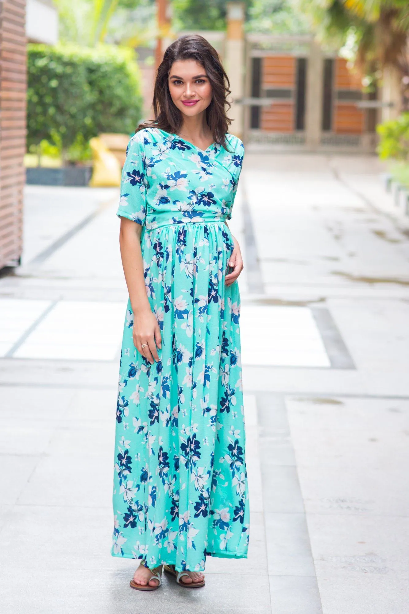 Mint Aquamarine Blossom Maternity & Nursing Wrap Dress