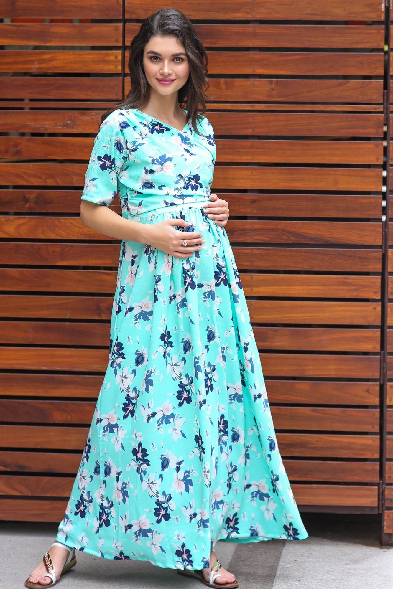 Mint Aquamarine Blossom Maternity & Nursing Wrap Dress