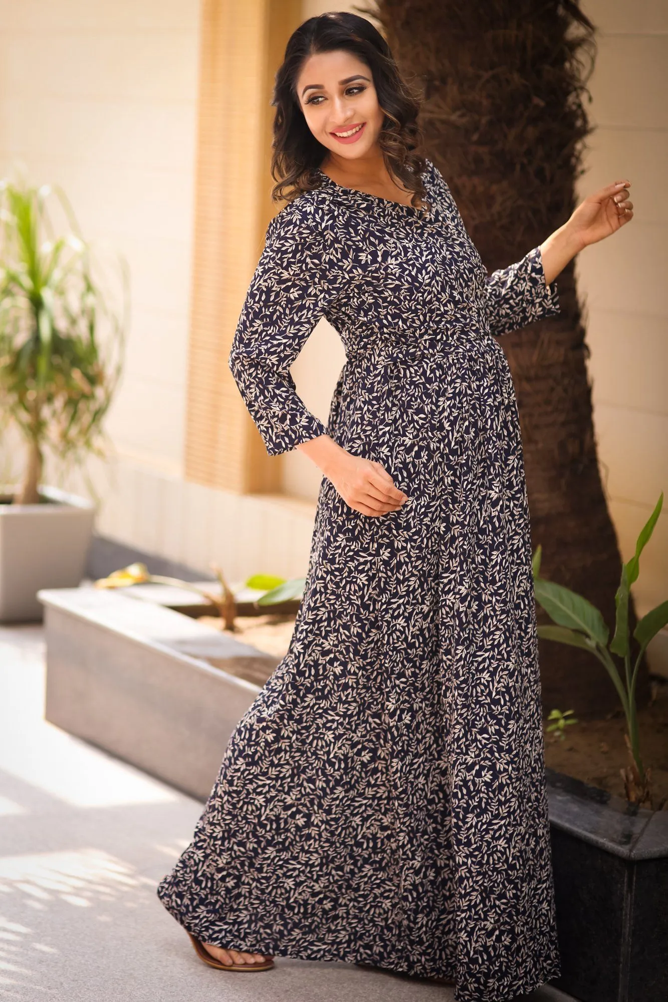 Misty Blue Leafy Maternity & Nursing Wrap Dress