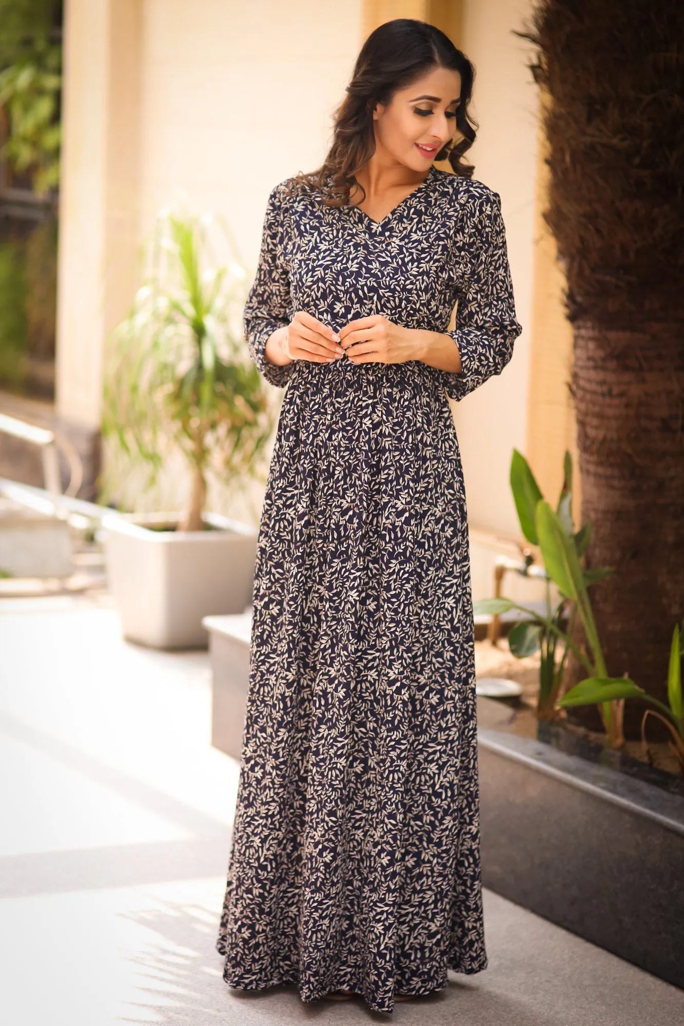 Misty Blue Leafy Maternity & Nursing Wrap Dress