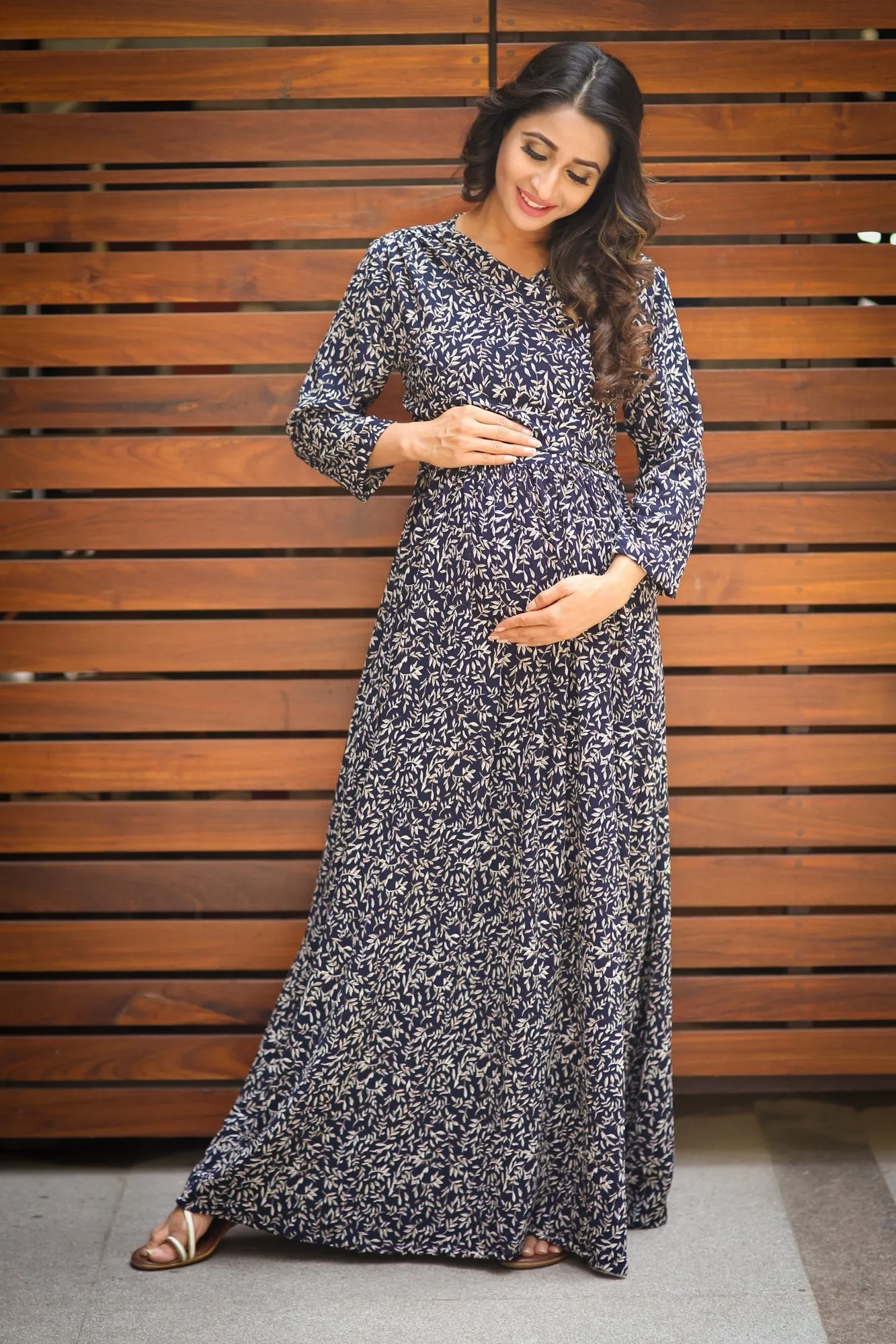 Misty Blue Leafy Maternity & Nursing Wrap Dress