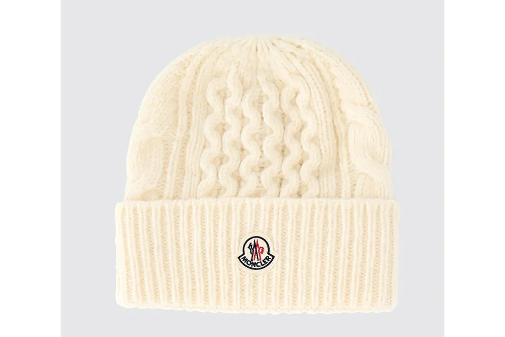 Moncler Cable Knit Logo Patch Beanie Hat Off White