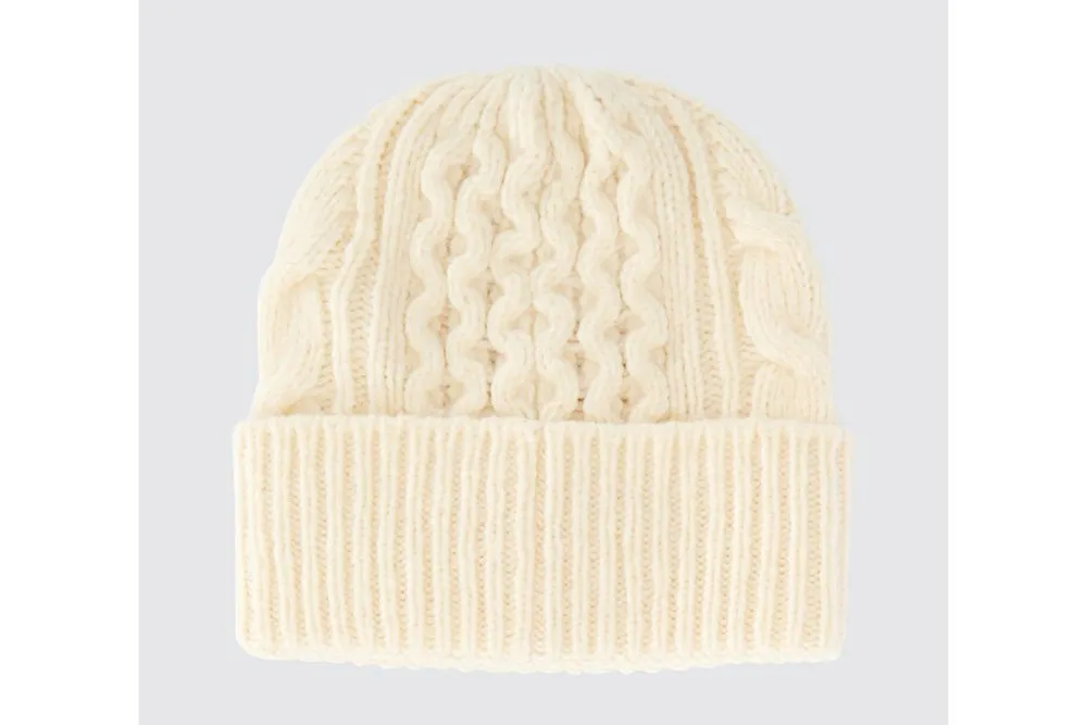 Moncler Cable Knit Logo Patch Beanie Hat Off White