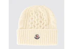 Moncler Cable Knit Logo Patch Beanie Hat Off White