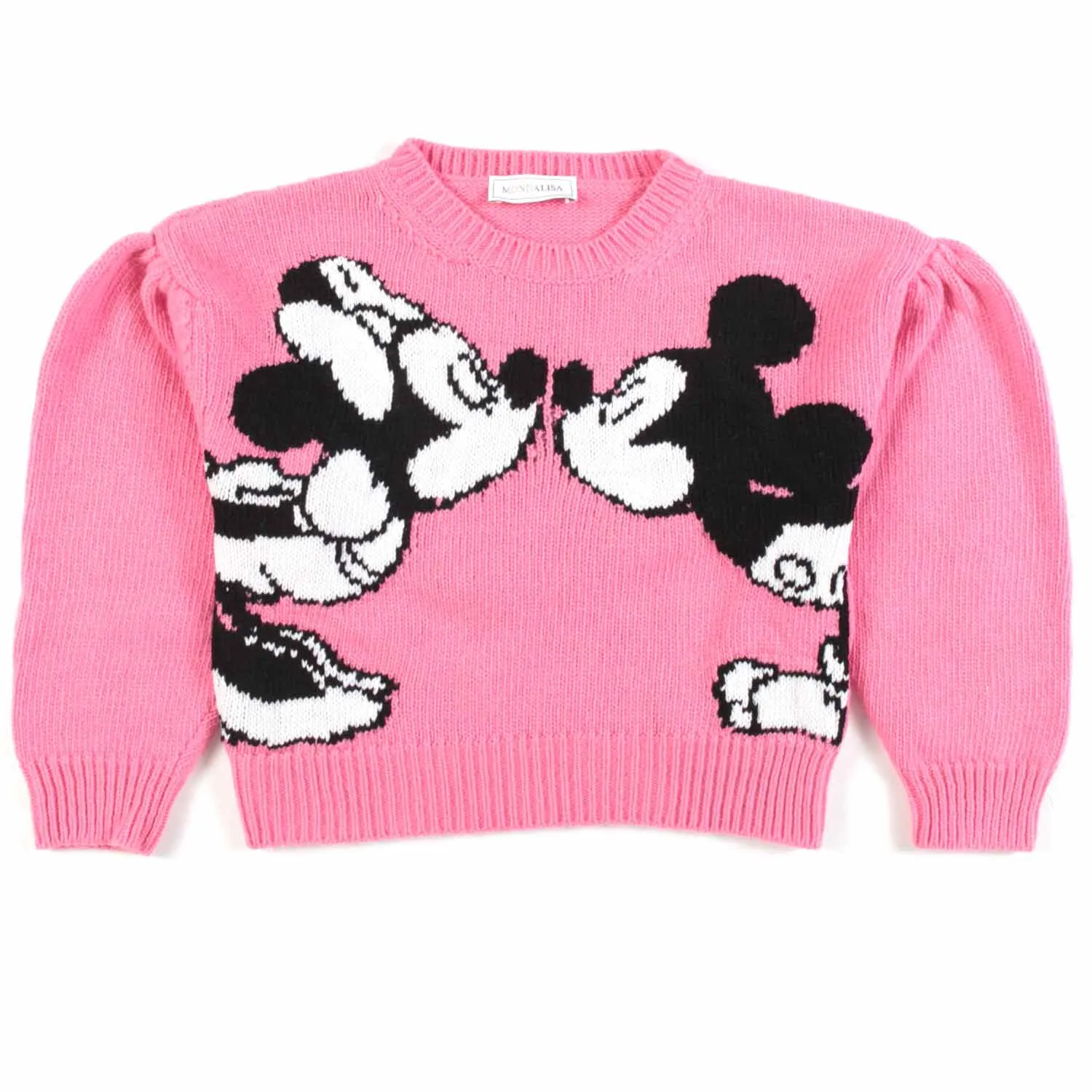 Monnalisa Cropped Fuchsia Pullover With Minnie And Mickey Mouse