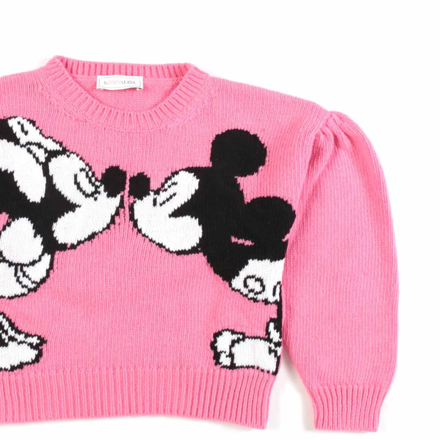 Monnalisa Cropped Fuchsia Pullover With Minnie And Mickey Mouse