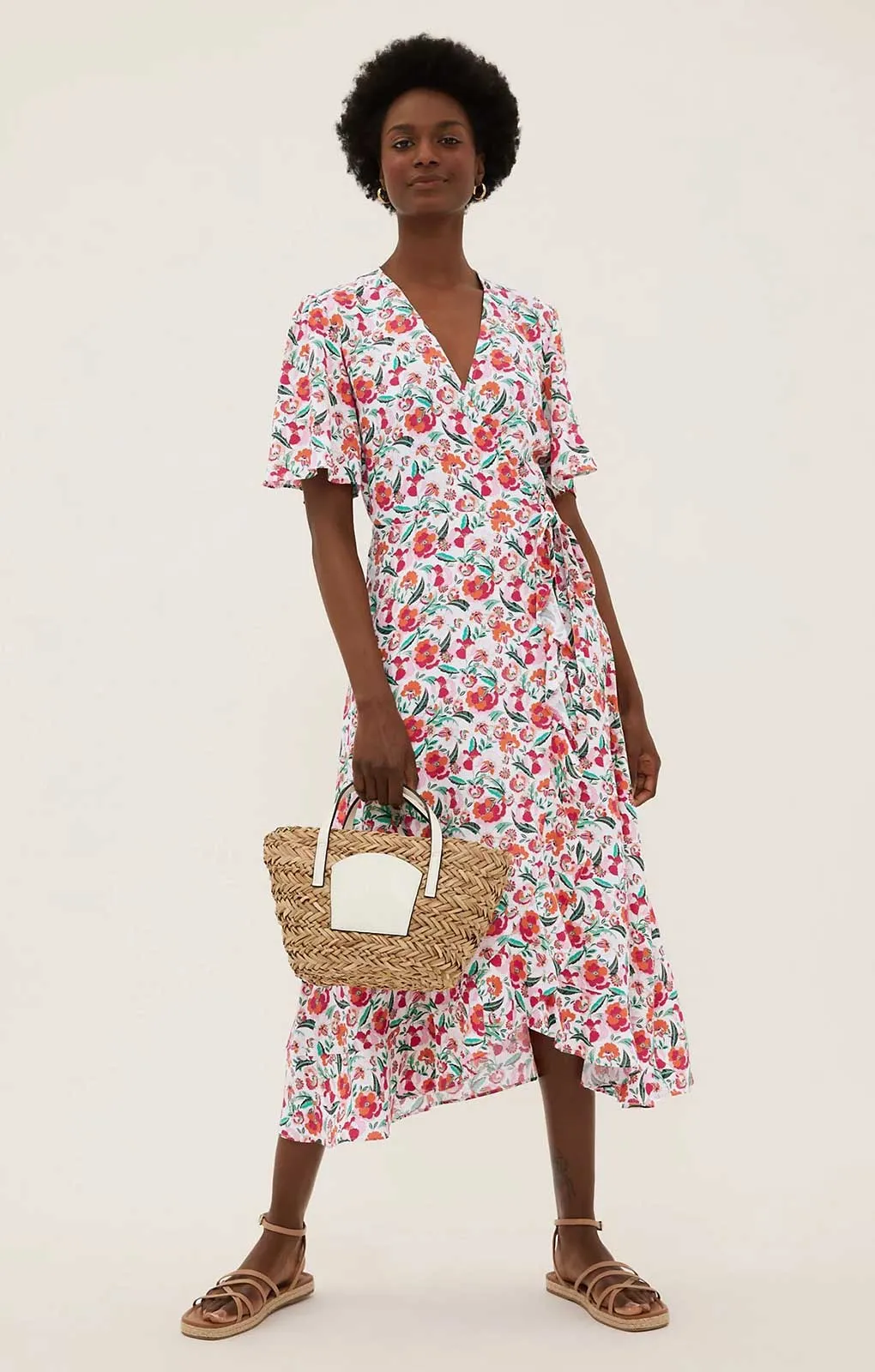 M&S Floral V-Neck Tie Waist Midi Wrap Dress