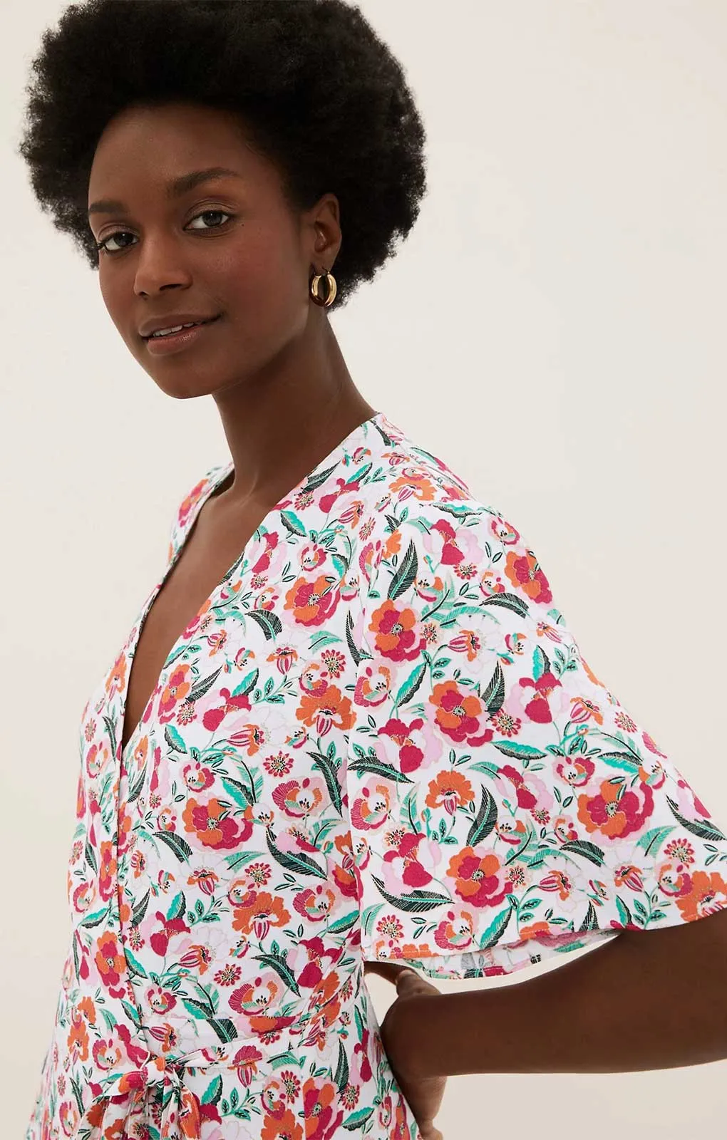 M&S Floral V-Neck Tie Waist Midi Wrap Dress