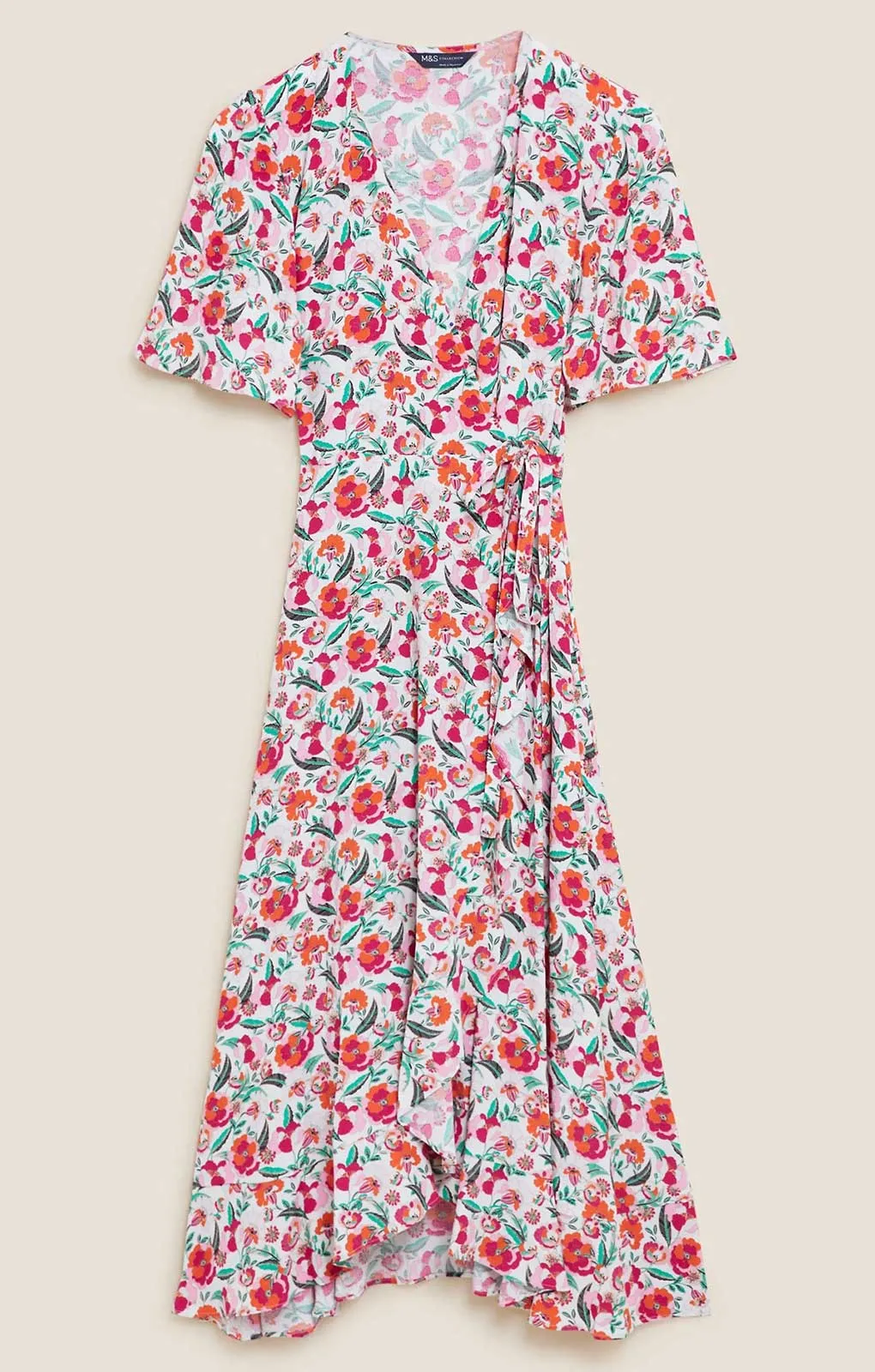 M&S Floral V-Neck Tie Waist Midi Wrap Dress