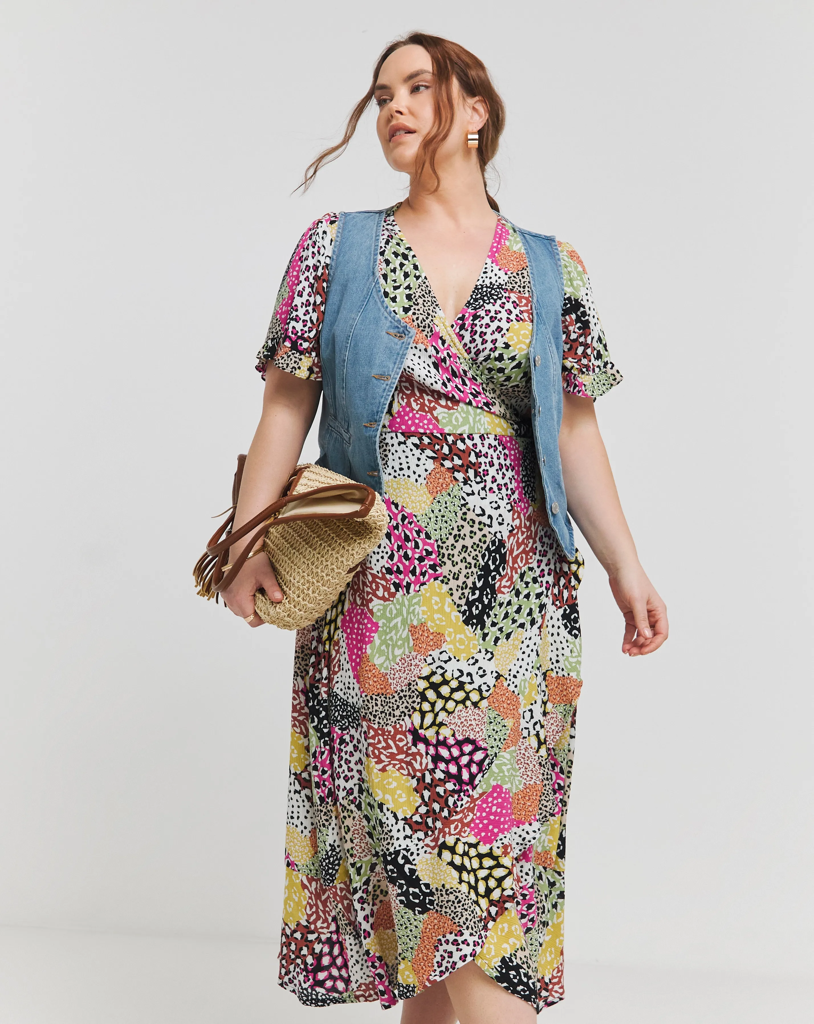 Multi Print Crinkle Wrap Midi Dress | Simply Be