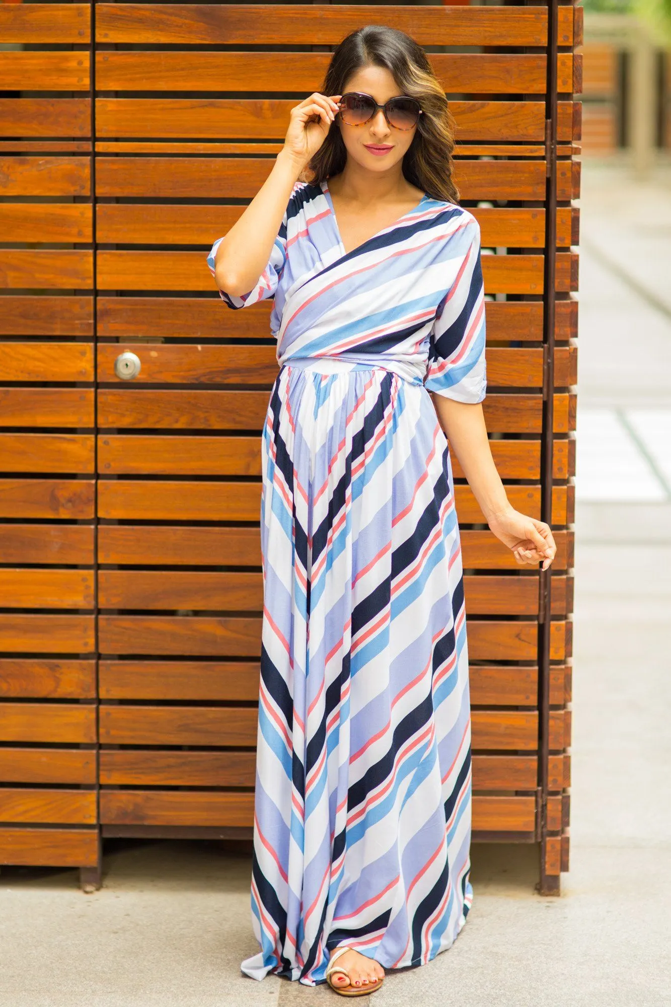 Multicolor Striped Maternity & Nursing Wrap Dress