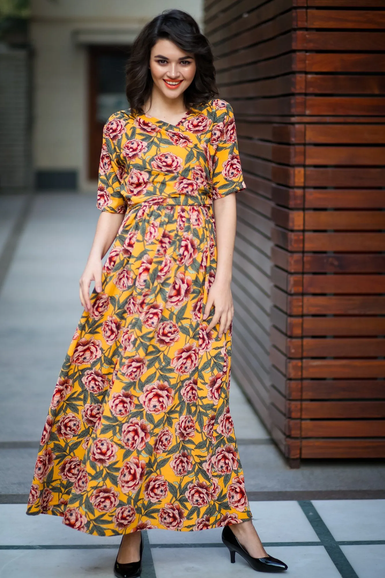 Mustard Yellow Blossom Maternity & Nursing Wrap Dress