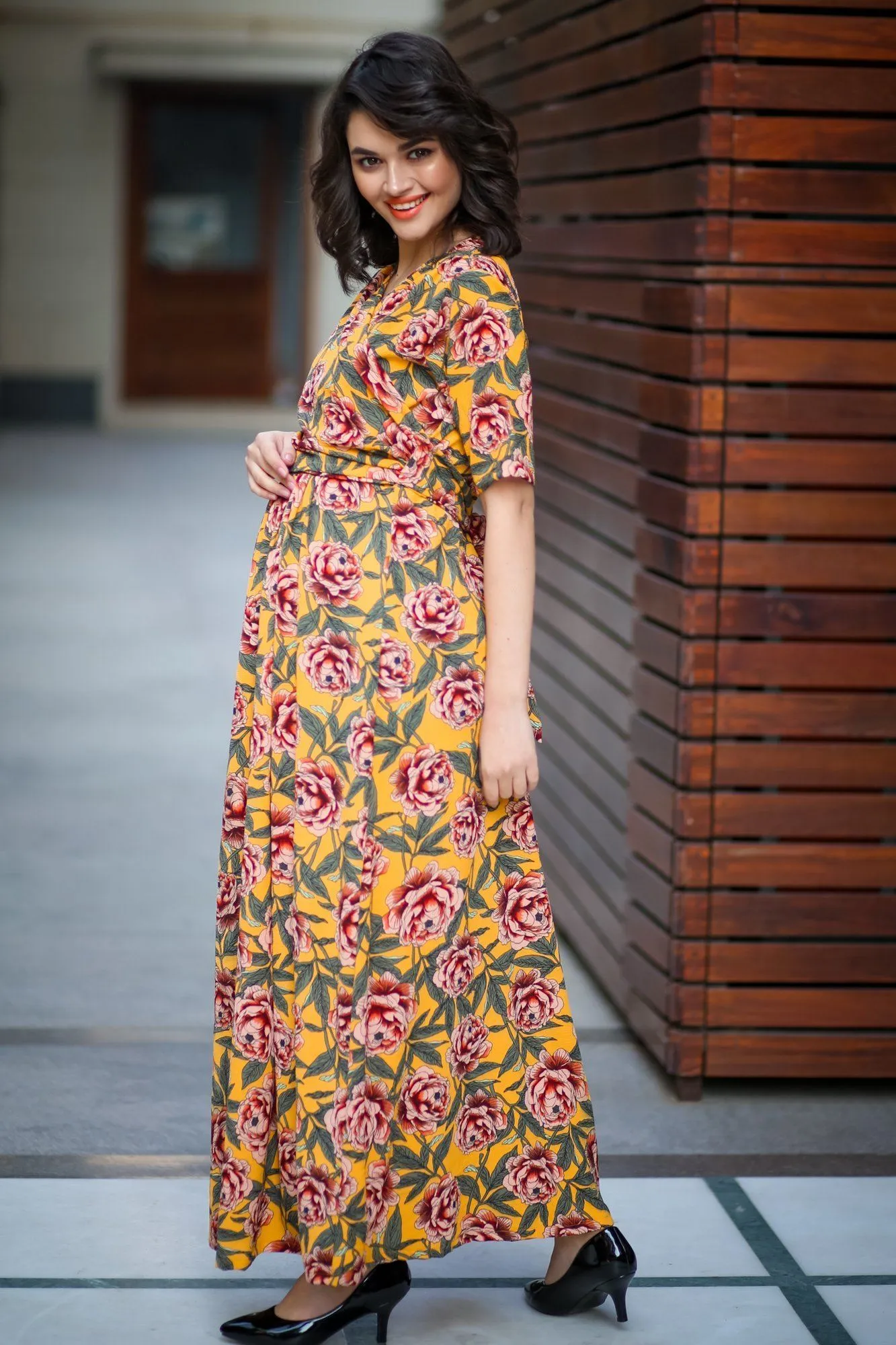 Mustard Yellow Blossom Maternity & Nursing Wrap Dress