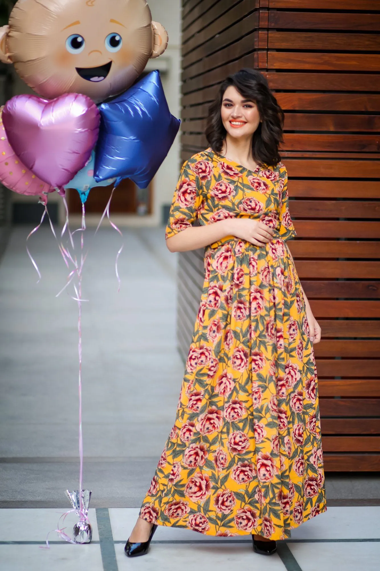 Mustard Yellow Blossom Maternity & Nursing Wrap Dress