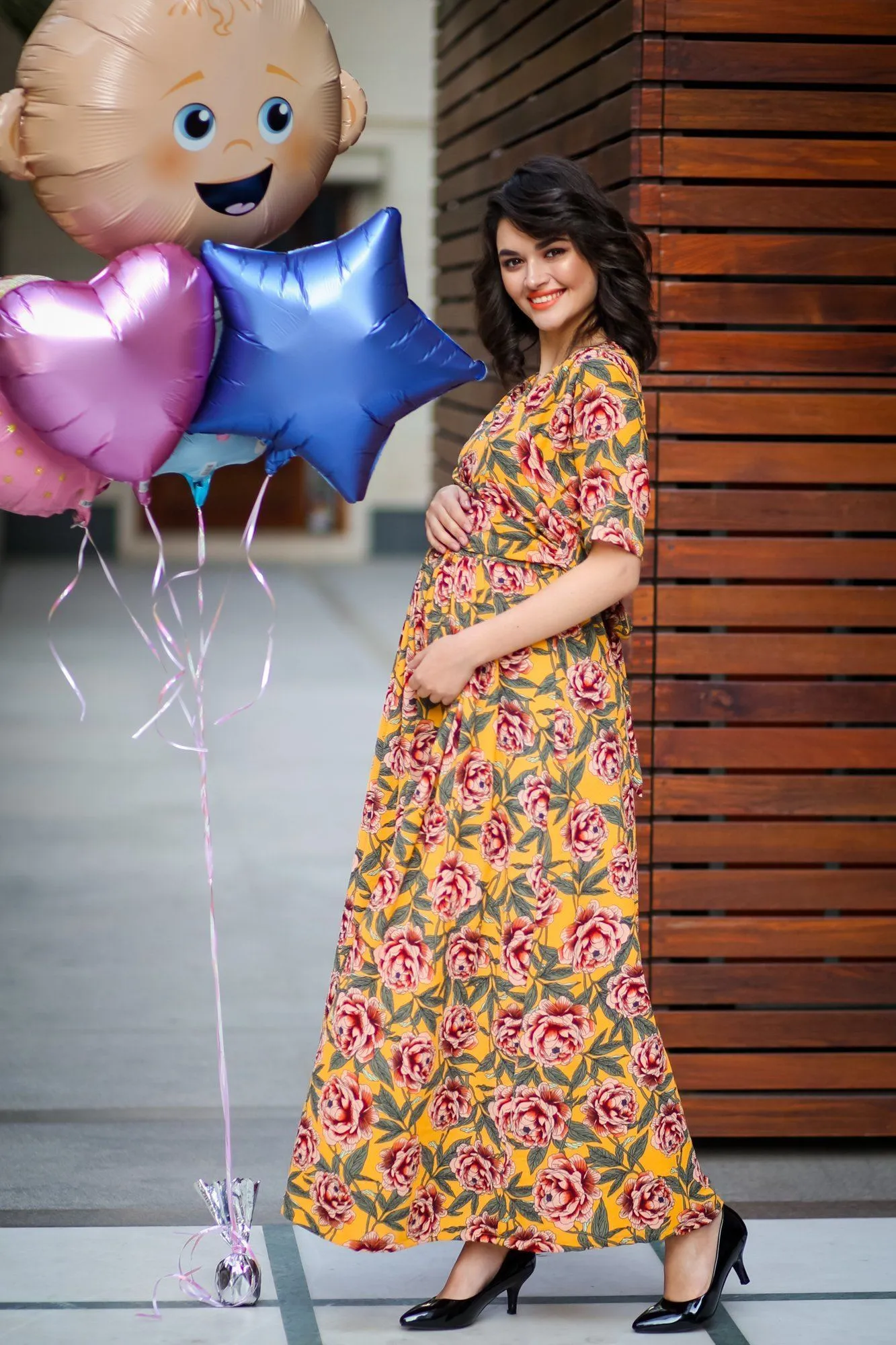 Mustard Yellow Blossom Maternity & Nursing Wrap Dress