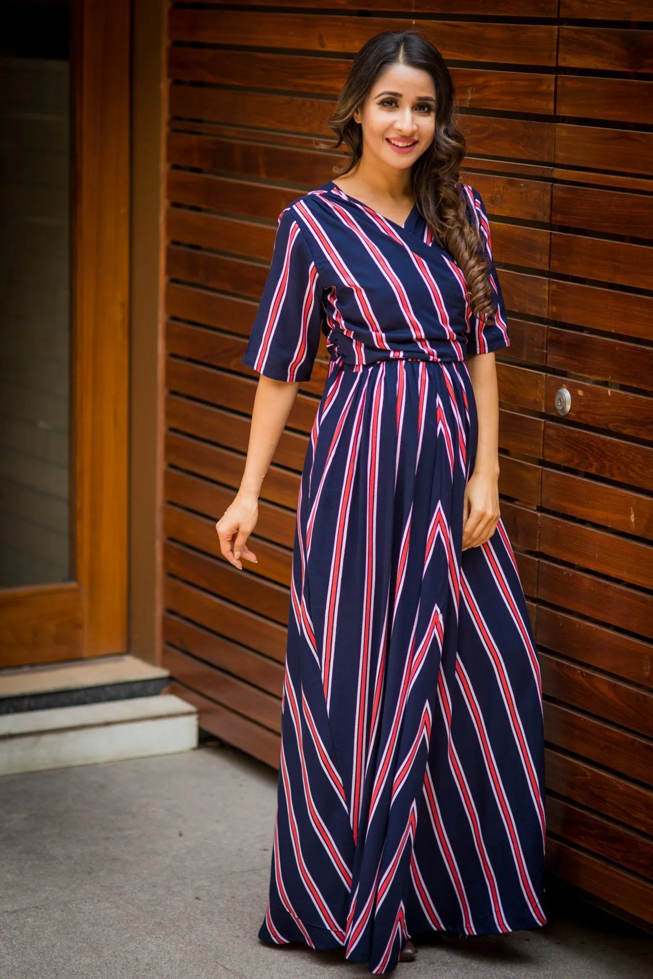 Nautical Navy Red Striped Maternity & Nursing Wrap Dress