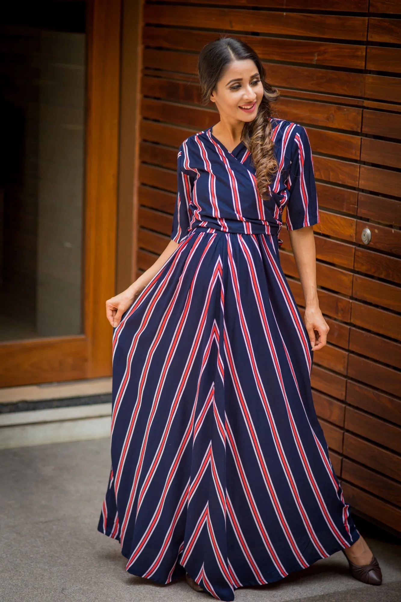 Nautical Navy Red Striped Maternity & Nursing Wrap Dress