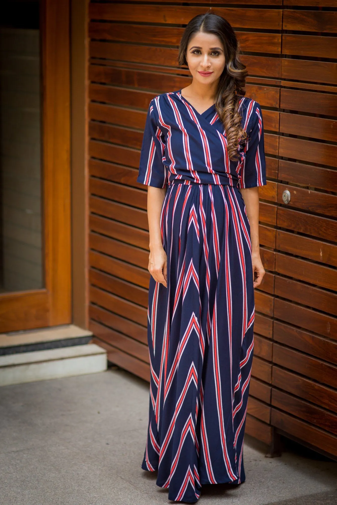 Nautical Navy Red Striped Maternity & Nursing Wrap Dress