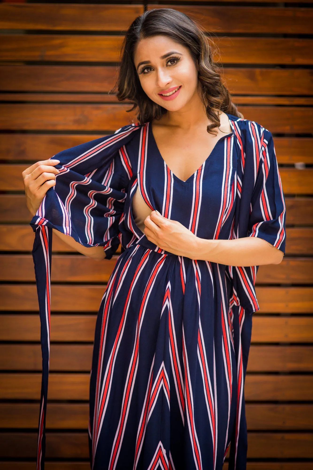 Nautical Navy Red Striped Maternity & Nursing Wrap Dress