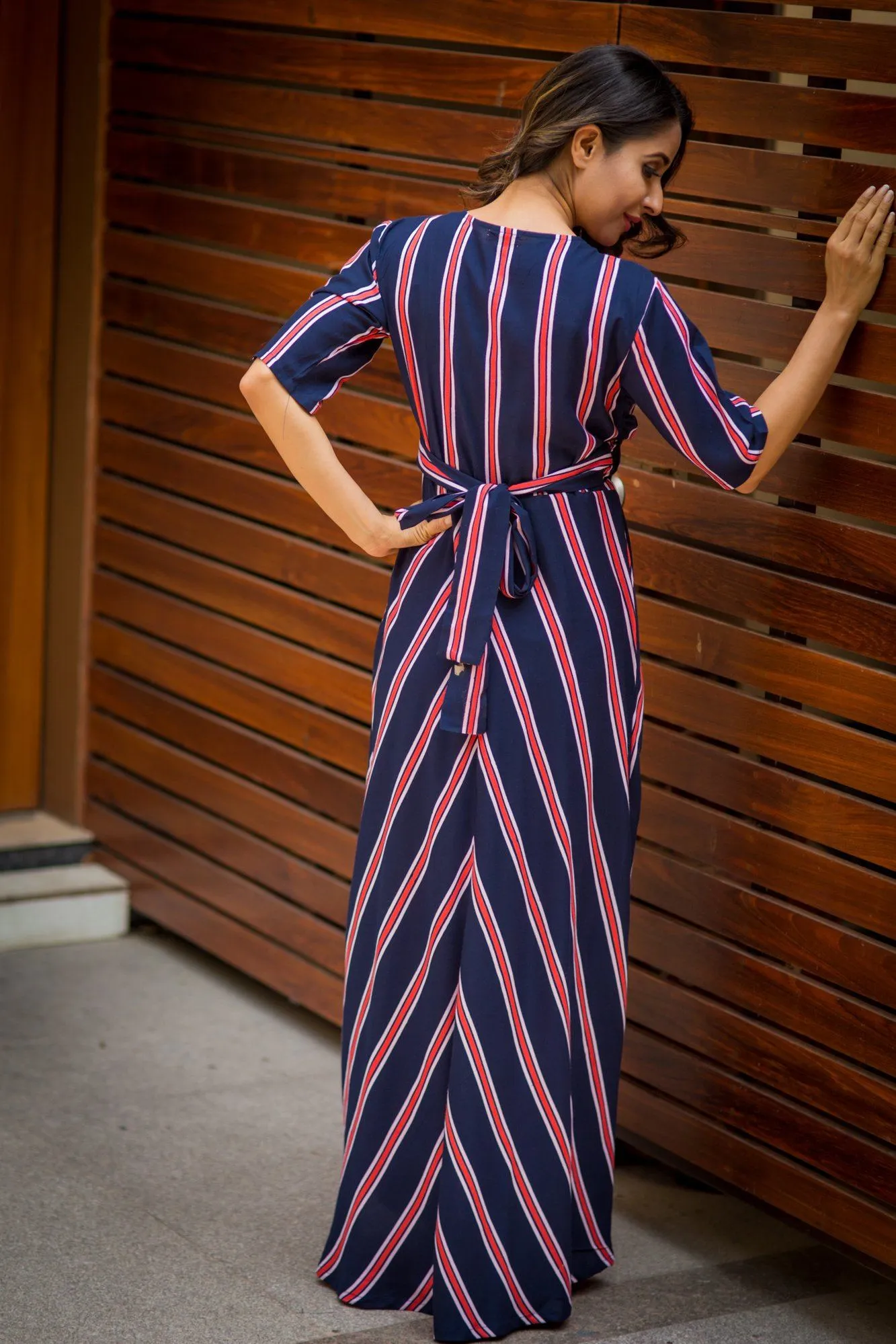 Nautical Navy Red Striped Maternity & Nursing Wrap Dress