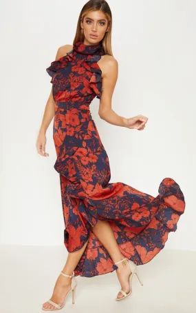 Navy Floral Print Frill Detail Wrap Maxi Dress