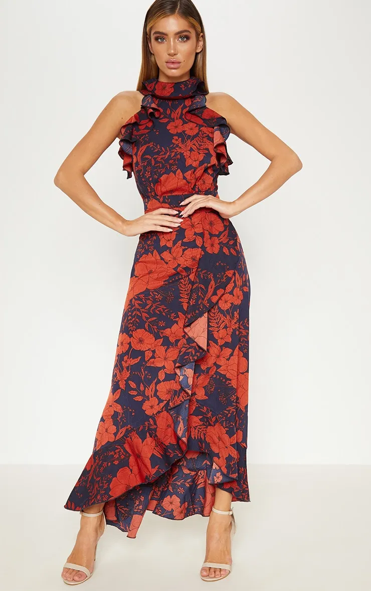 Navy Floral Print Frill Detail Wrap Maxi Dress