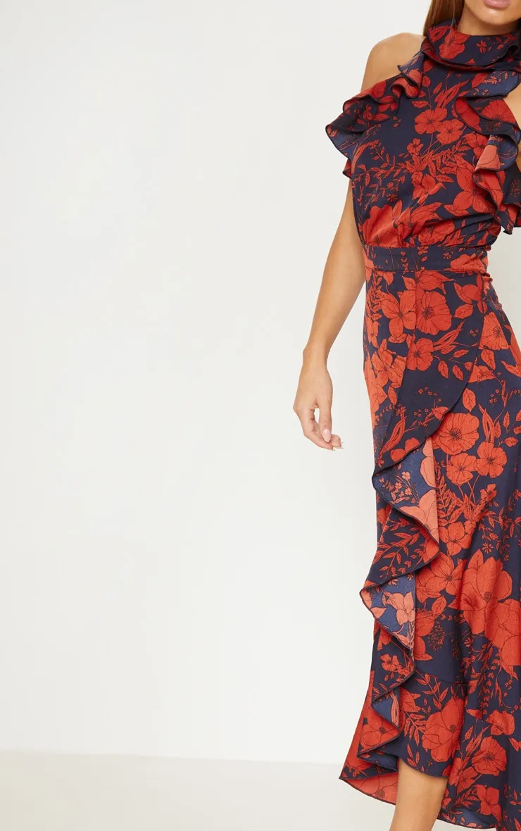 Navy Floral Print Frill Detail Wrap Maxi Dress