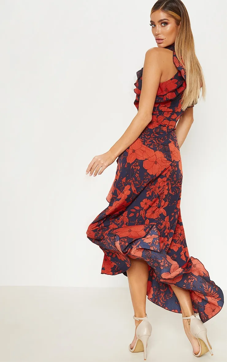 Navy Floral Print Frill Detail Wrap Maxi Dress