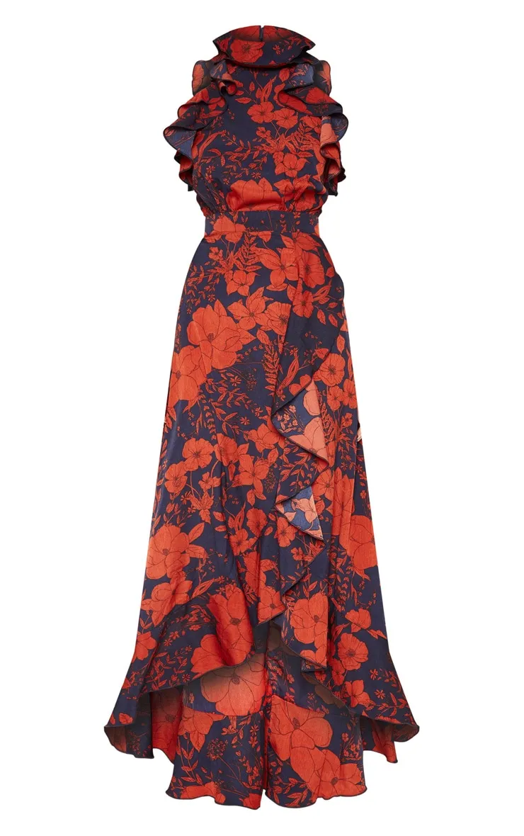 Navy Floral Print Frill Detail Wrap Maxi Dress