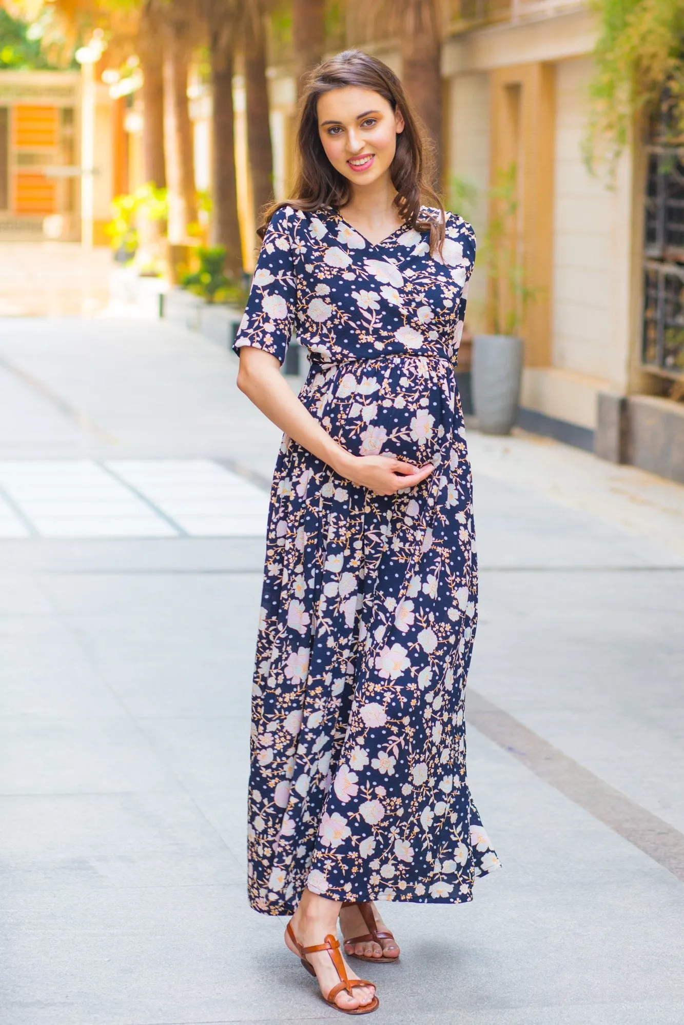 Navy Pearl Gold Maternity & Nursing Wrap Dress